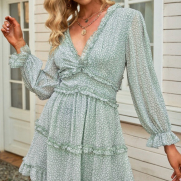 Brand New Green Ruffle Open Back Mini Dress | Size Small (US 4-6) - Picture 3 of 4